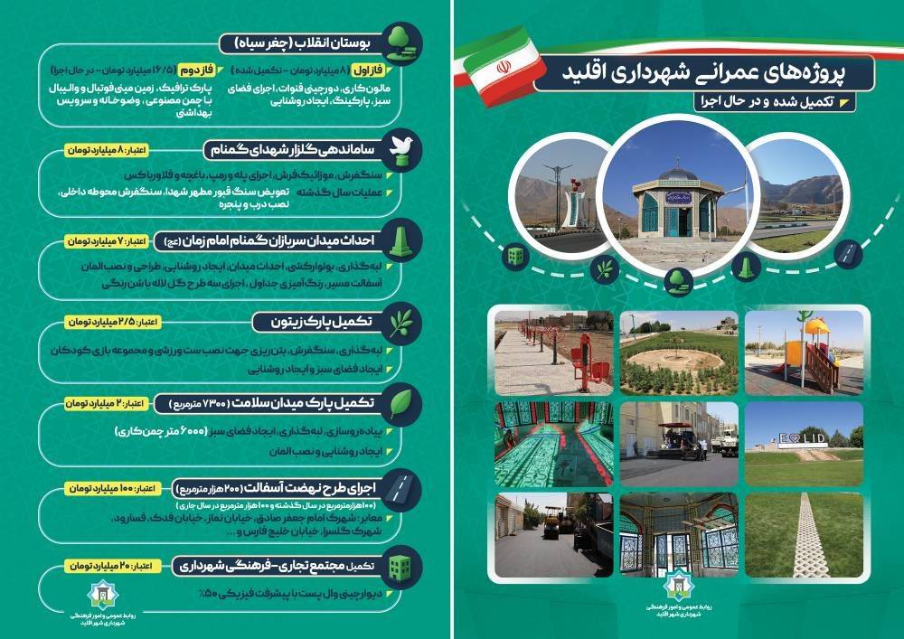 پروژه های قابل افتتاح شهرداری اقلید در هفته دولت